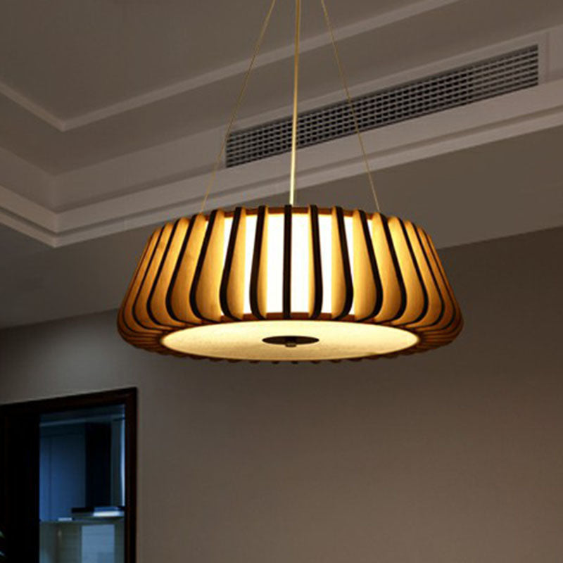 Tapered Drum Chandelier Pendant Light - Contemporary 3 Bulb Wood Hanging For Living Room