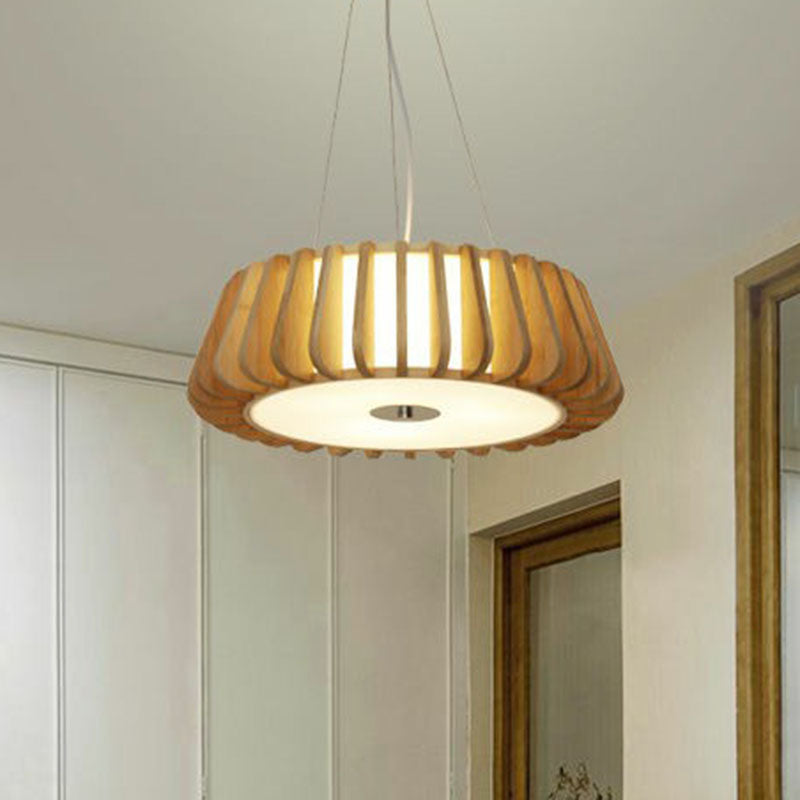 Tapered Drum Chandelier Pendant Light - Contemporary 3 Bulb Wood Hanging For Living Room