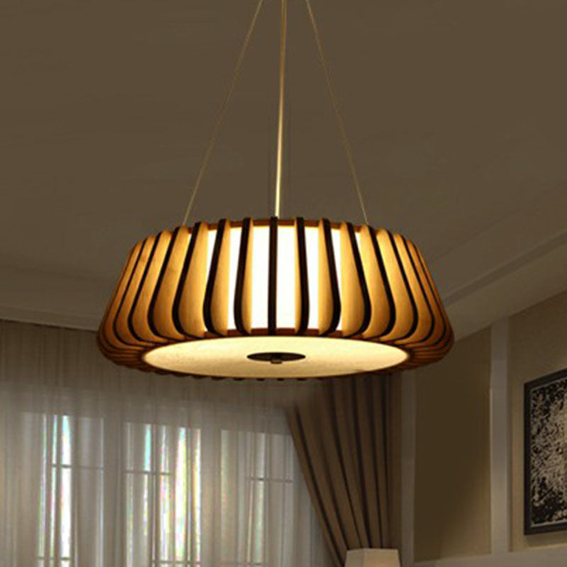 Tapered Drum Chandelier Pendant Light - Contemporary 3 Bulb Wood Hanging For Living Room