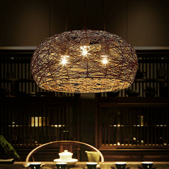 Chinese Dome Rattan Chandelier With 3 Pendant Lights For Restaurants