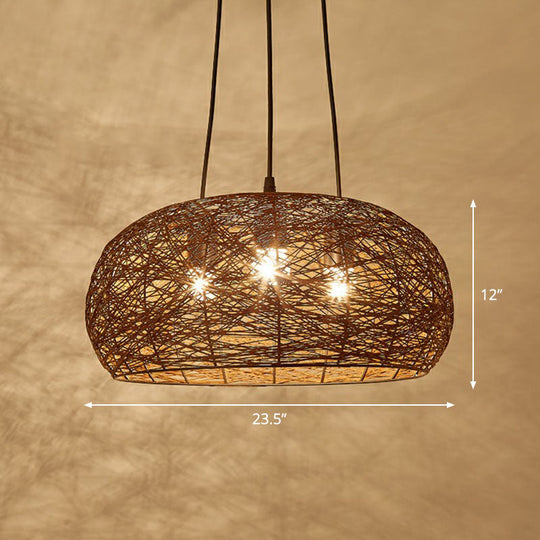 Chinese Dome Rattan Chandelier With 3 Pendant Lights For Restaurants