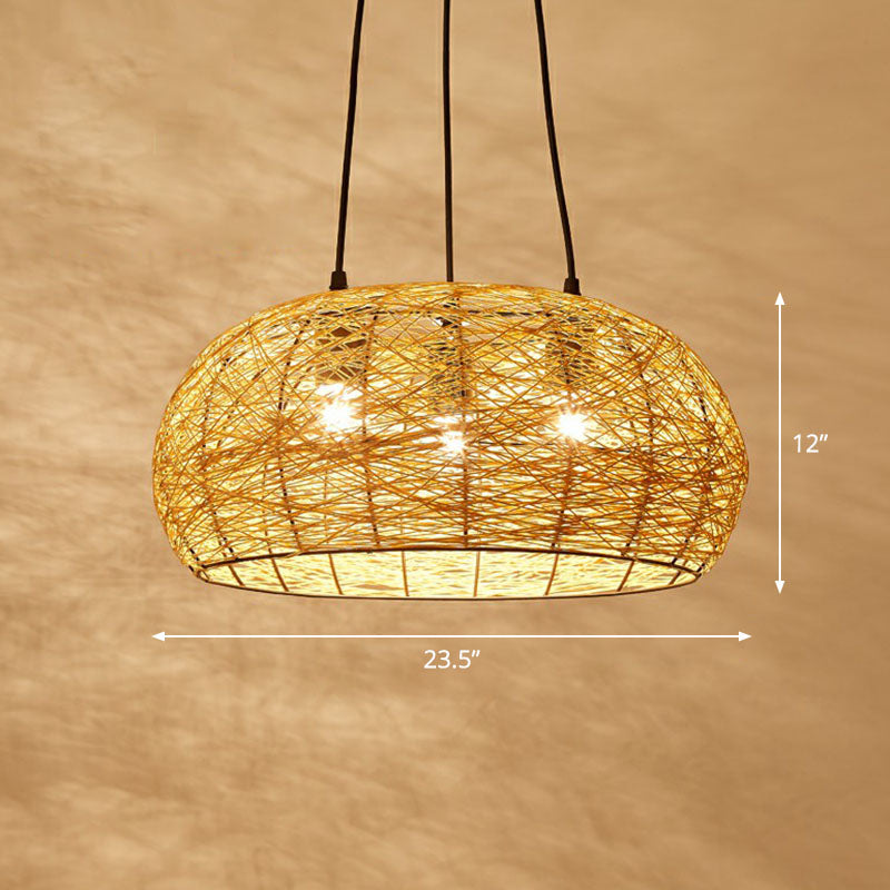 Chinese Dome Rattan Chandelier With 3 Pendant Lights For Restaurants Flaxen / 23.5