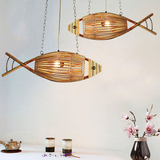 Wooden Bamboo Fish Chandelier - Asian Style Suspension Light For Restaurants