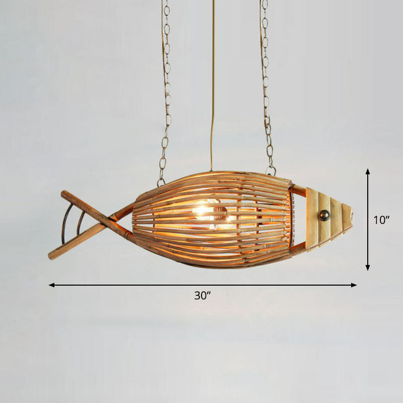 Wooden Bamboo Fish Chandelier - Asian Style Suspension Light For Restaurants