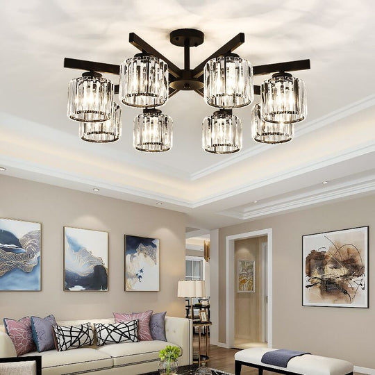 Modern Cylindrical Crystal Semi Flush Ceiling Light with 3/6/8-Head Design - Black, Ideal for Living Room