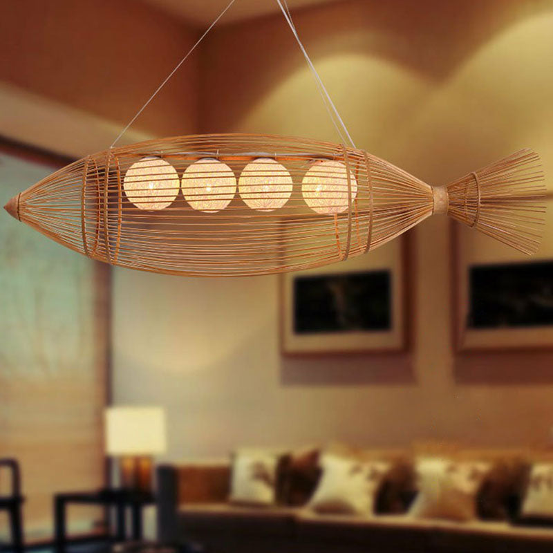 Modern Bamboo Wood Chandelier Light Fixture With Fish-Inspired Ceiling Lighting - 4 Bulbs