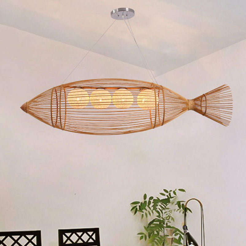 Modern Bamboo Wood Chandelier Light Fixture With Fish-Inspired Ceiling Lighting - 4 Bulbs