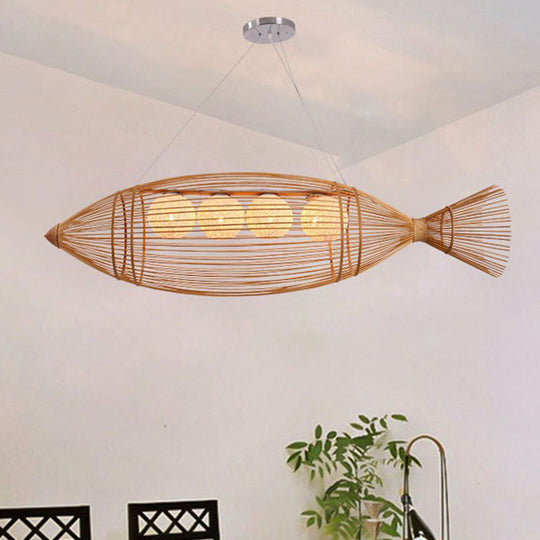 Modern Bamboo Wood Chandelier Light Fixture With Fish-Inspired Ceiling Lighting - 4 Bulbs