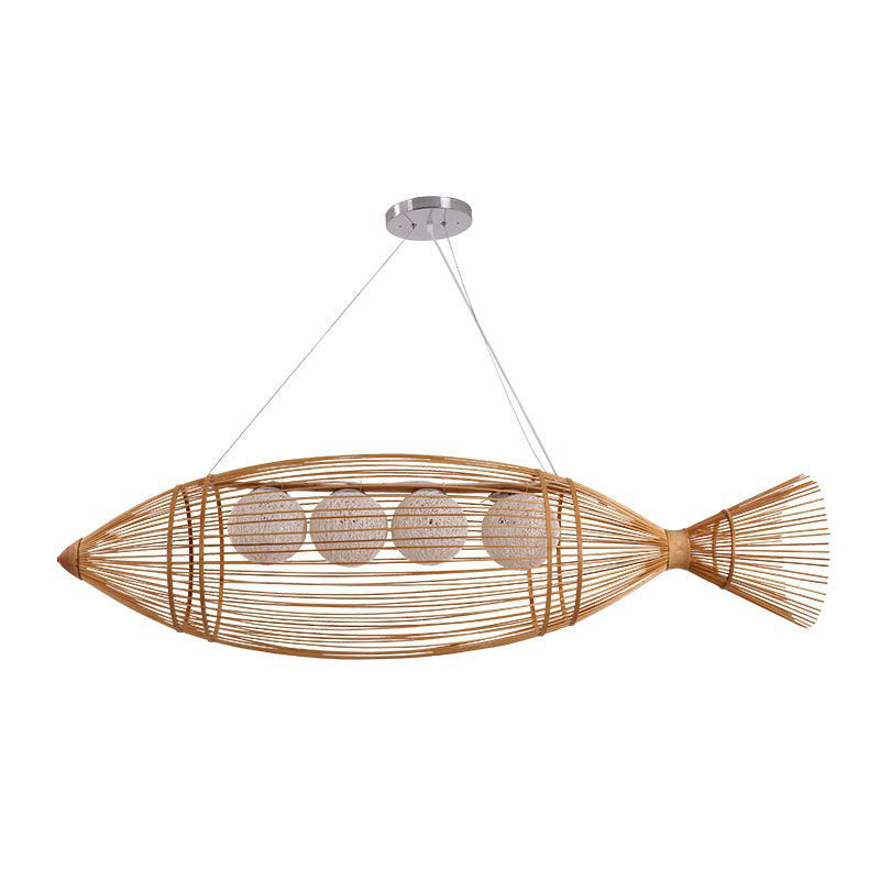 Modern Bamboo Wood Chandelier Light Fixture With Fish-Inspired Ceiling Lighting - 4 Bulbs