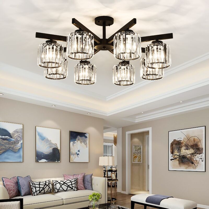 Modern Cylindrical Crystal Semi Flush Ceiling Light With 3/6/8-Head Design - Black Ideal For Living