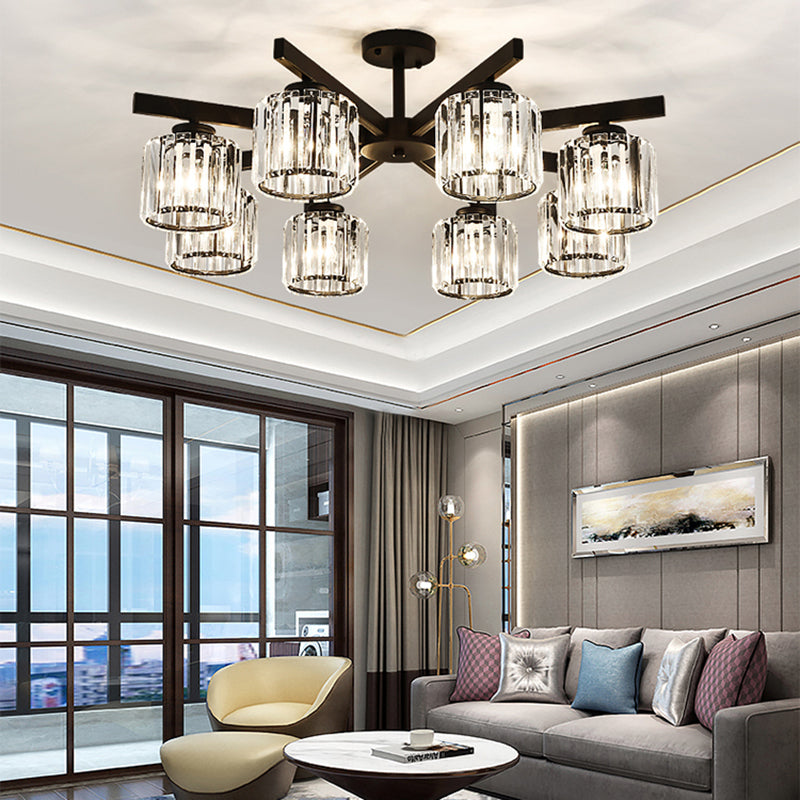 Modern Cylindrical Crystal Semi Flush Ceiling Light with 3/6/8-Head Design - Black, Ideal for Living Room