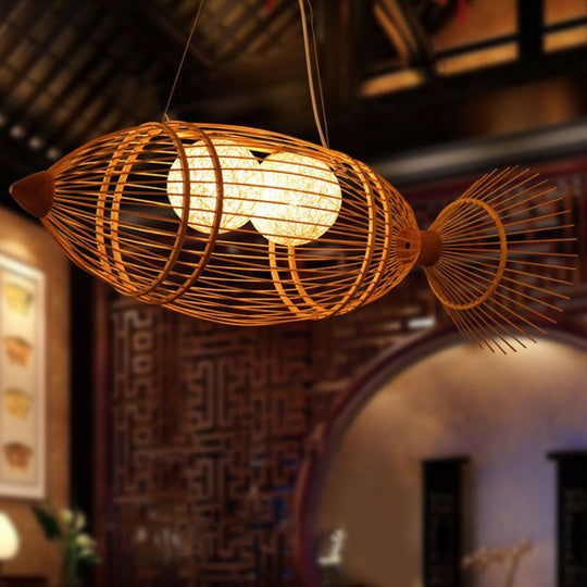 Simplicity Wood Fish Chandelier: 2-Bulb Bamboo Pendant Light For Restaurants