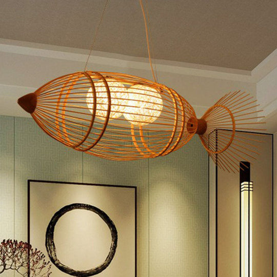 Simplicity Wood Fish Chandelier: 2-Bulb Bamboo Pendant Light For Restaurants