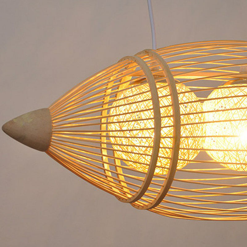 Simplicity Wood Fish Chandelier: 2-Bulb Bamboo Pendant Light For Restaurants