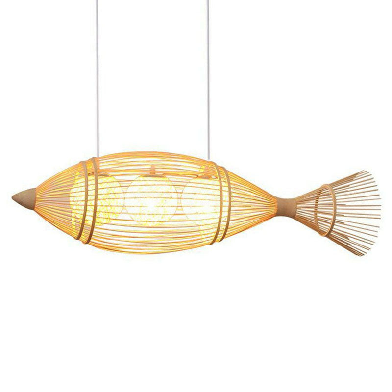 Simplicity Wood Fish Chandelier: 2-Bulb Bamboo Pendant Light For Restaurants