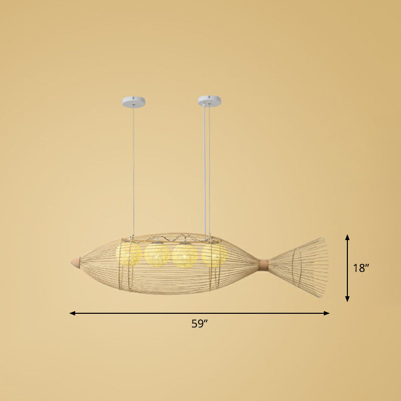 Modern Fish Chandelier Pendant Light: Bamboo Tea Room Hanging Lamp In Wood