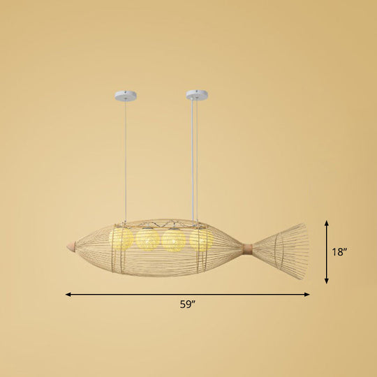 Modern Fish Chandelier Pendant Light: Bamboo Tea Room Hanging Lamp In Wood