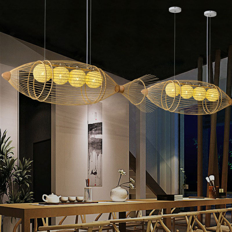 Modern Fish Chandelier Pendant Light: Bamboo Tea Room Hanging Lamp In Wood