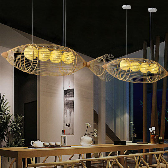 Modern Fish Chandelier Pendant Light: Bamboo Tea Room Hanging Lamp In Wood