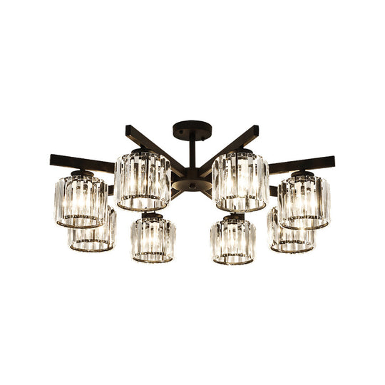 Modern Cylindrical Crystal Semi Flush Ceiling Light with 3/6/8-Head Design - Black, Ideal for Living Room