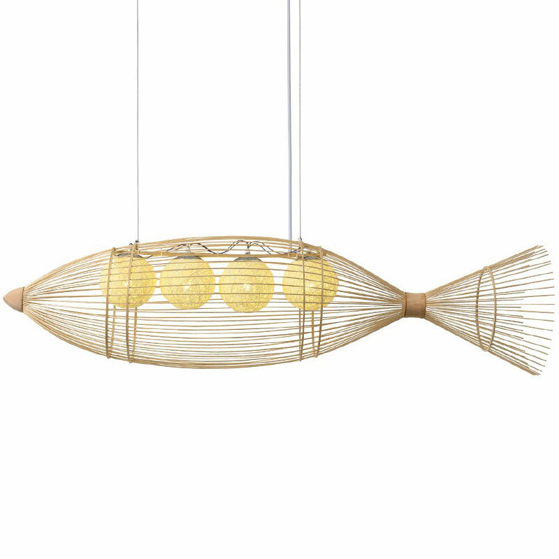 Modern Fish Chandelier Pendant Light: Bamboo Tea Room Hanging Lamp In Wood