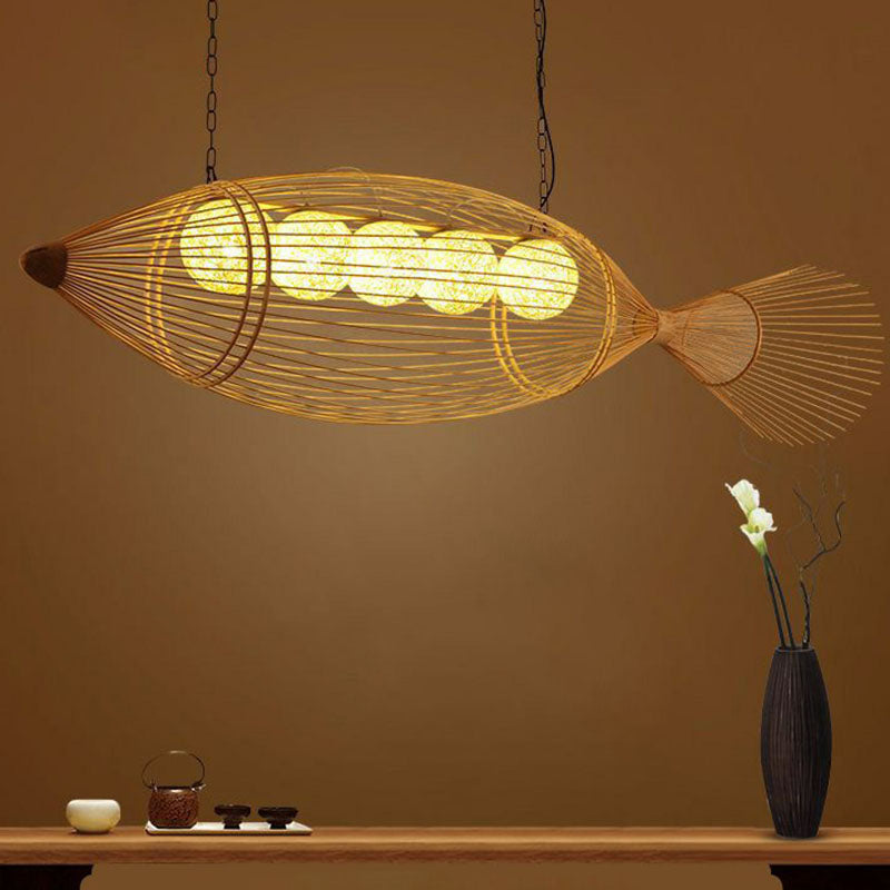 Handwoven Asian Fish Bamboo Suspension Light - Rustic Wood Restaurant Chandelier