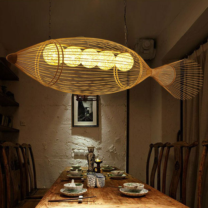 Handwoven Asian Fish Bamboo Suspension Light - Rustic Wood Restaurant Chandelier