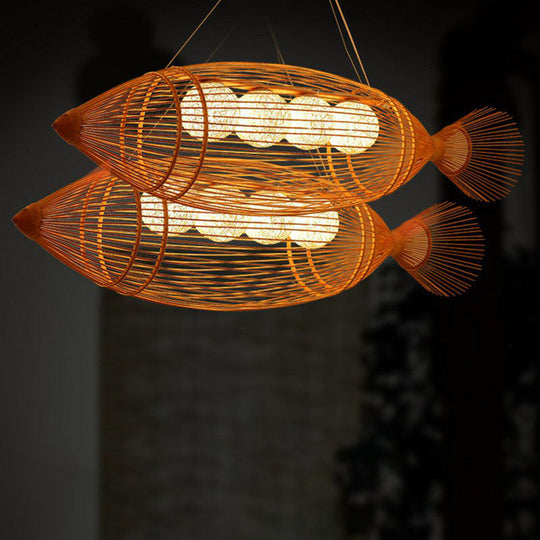 Handwoven Asian Fish Bamboo Suspension Light - Rustic Wood Restaurant Chandelier