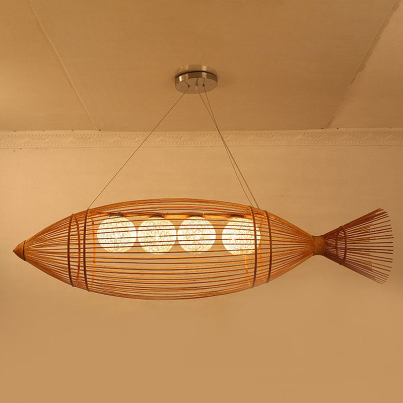 Handwoven Asian Fish Bamboo Suspension Light - Rustic Wood Restaurant Chandelier