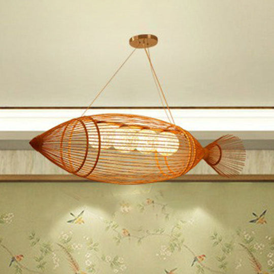 Handwoven Asian Fish Bamboo Suspension Light - Rustic Wood Restaurant Chandelier