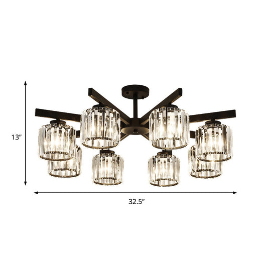 Modern Cylindrical Crystal Semi Flush Ceiling Light with 3/6/8-Head Design - Black, Ideal for Living Room