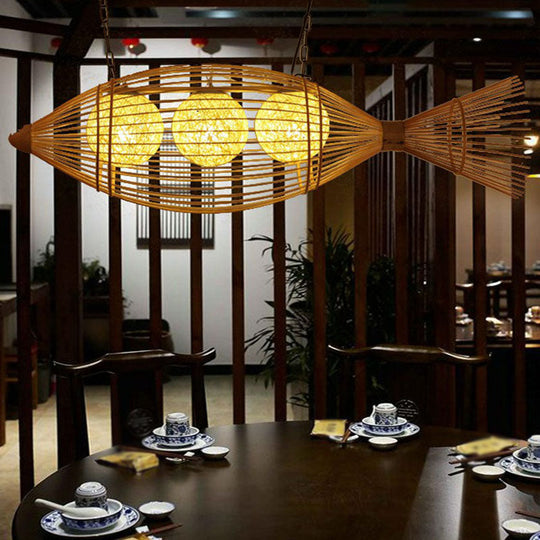 Handwoven Asian Fish Bamboo Suspension Light - Rustic Wood Restaurant Chandelier