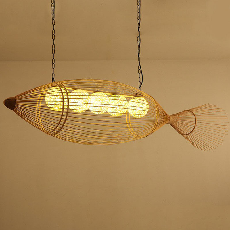 Handwoven Asian Fish Bamboo Suspension Light - Rustic Wood Restaurant Chandelier