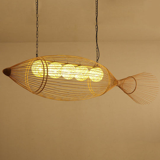 Handwoven Asian Fish Bamboo Suspension Light - Rustic Wood Restaurant Chandelier