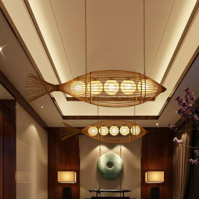 Fish Tea Room Chandelier: Handcrafted Bamboo Pendant Light In Minimalist Wood Design