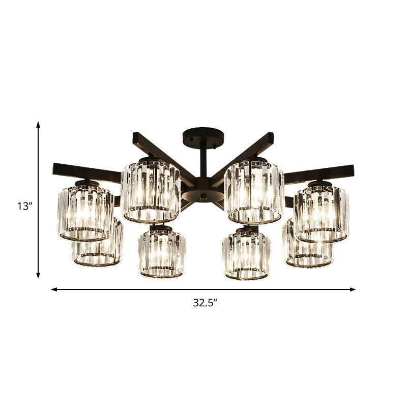 Modern Cylindrical Crystal Semi Flush Ceiling Light With 3/6/8-Head Design - Black Ideal For Living