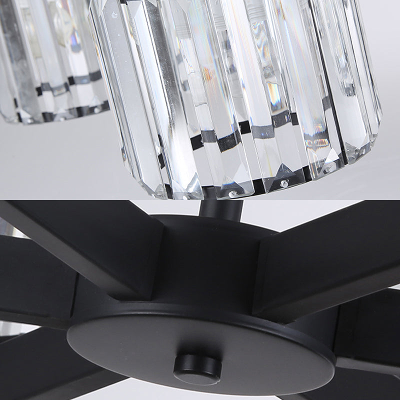 Modern Cylindrical Crystal Semi Flush Ceiling Light with 3/6/8-Head Design - Black, Ideal for Living Room