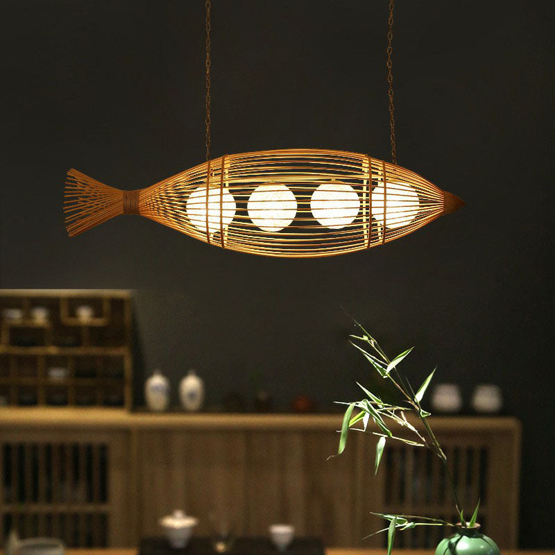 Bamboo Fish-Shaped Southeast Asian Chandelier With 3 Bulbs Ceiling Lighting Fixture