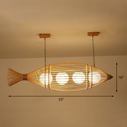 Bamboo Fish-Shaped Southeast Asian Chandelier With 3 Bulbs Ceiling Lighting Fixture Wood