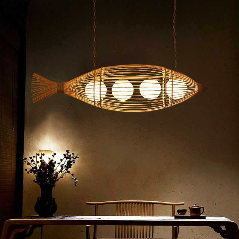 Bamboo Fish-Shaped Southeast Asian Chandelier With 3 Bulbs Ceiling Lighting Fixture