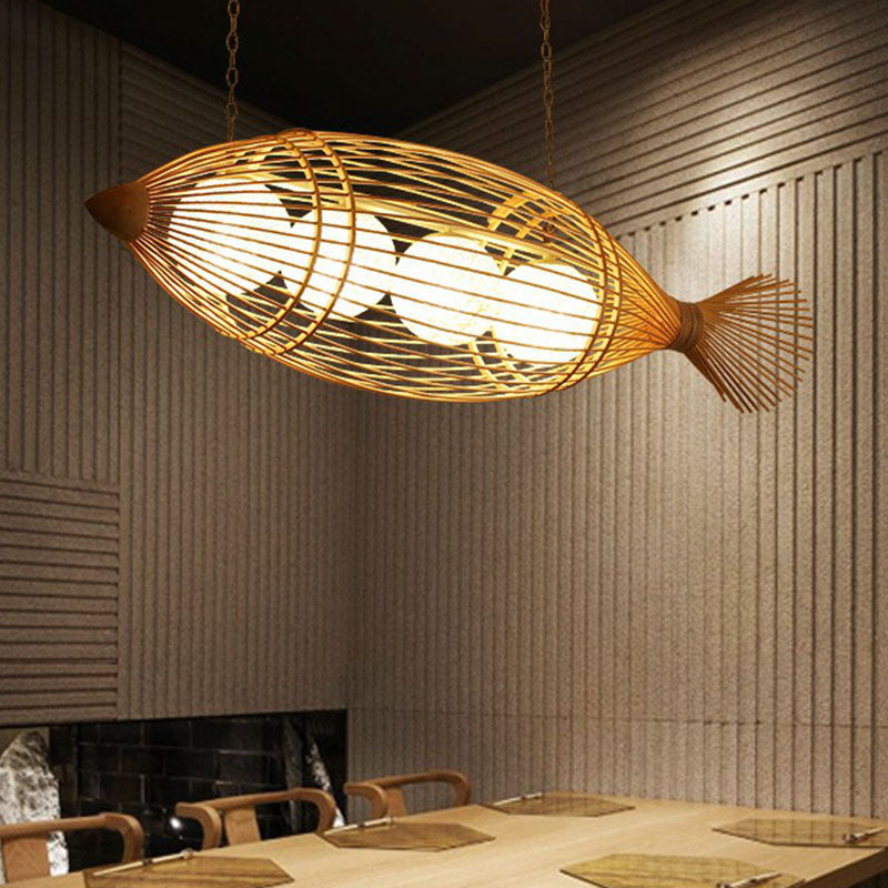 Bamboo Fish-Shaped Southeast Asian Chandelier With 3 Bulbs Ceiling Lighting Fixture