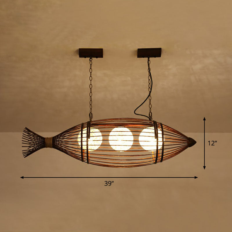 Bamboo Fish-Shaped Southeast Asian Chandelier With 3 Bulbs Ceiling Lighting Fixture