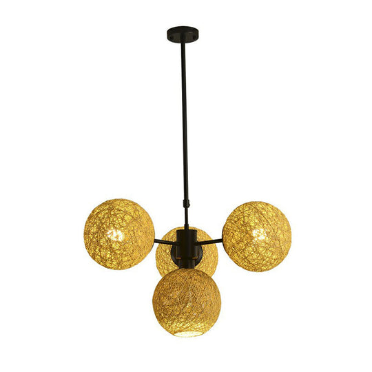 Sleek Rattan Chandelier Pendant With 4 Flaxen Heads - Contemporary Hanging Light Fixture