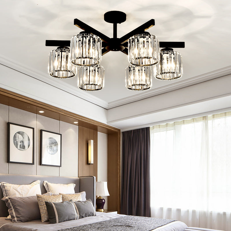 Modern Cylindrical Crystal Semi Flush Ceiling Light with 3/6/8-Head Design - Black, Ideal for Living Room