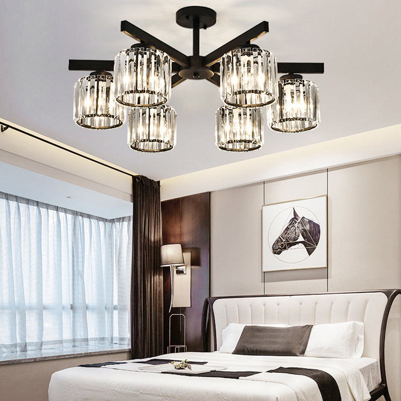 Modern Cylindrical Crystal Semi Flush Ceiling Light with 3/6/8-Head Design - Black, Ideal for Living Room