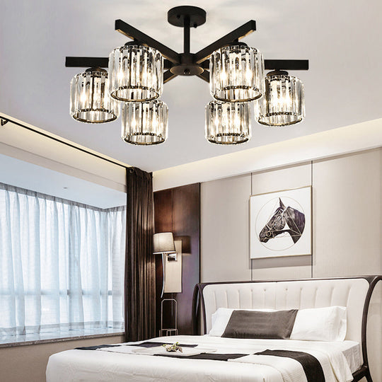 Modern Cylindrical Crystal Semi Flush Ceiling Light with 3/6/8-Head Design - Black, Ideal for Living Room