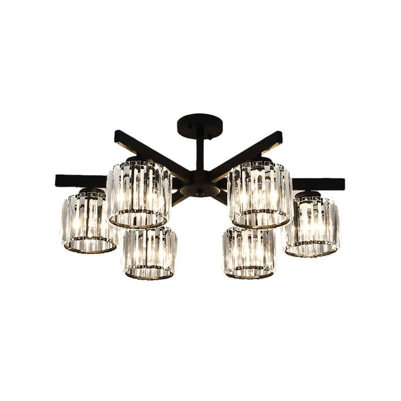 Modern Cylindrical Crystal Semi Flush Ceiling Light with 3/6/8-Head Design - Black, Ideal for Living Room