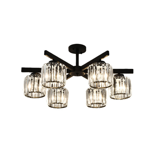 Modern Cylindrical Crystal Semi Flush Ceiling Light with 3/6/8-Head Design - Black, Ideal for Living Room