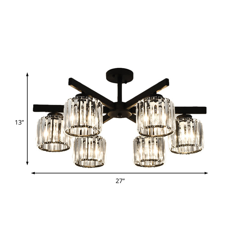 Modern Cylindrical Crystal Semi Flush Ceiling Light with 3/6/8-Head Design - Black, Ideal for Living Room