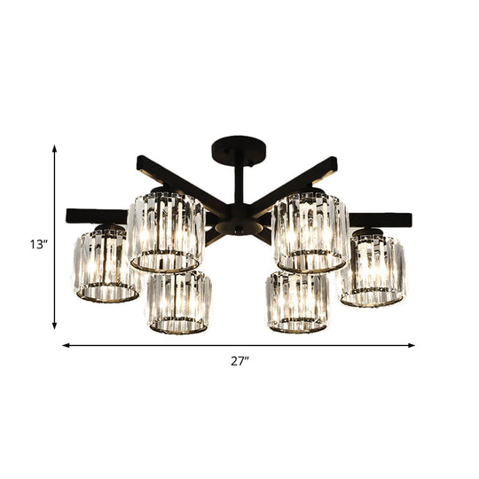 Modern Cylindrical Crystal Semi Flush Ceiling Light With 3/6/8-Head Design - Black Ideal For Living